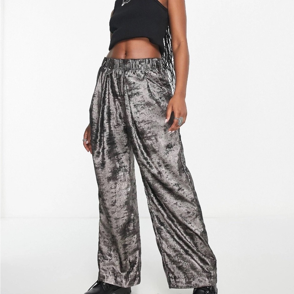 Free People Hi-Fi‎ Metallic Wide Leg Pants Gunmetal Silver Gray